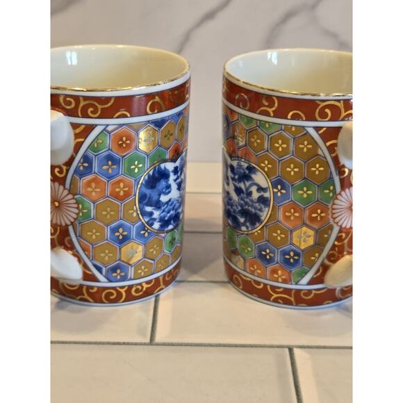 Kozan Gama Japan Imari Mugs Mino Ware Foo Dog Floral Pattern 10oz Set Of 2 GUC - Picture 6 of 13